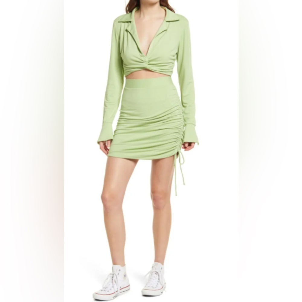 FREE PEOPLE Clara Ruched Long Sleeve Shirt & Skirt Set in La Pera Large NWT - Picture 1 of 16